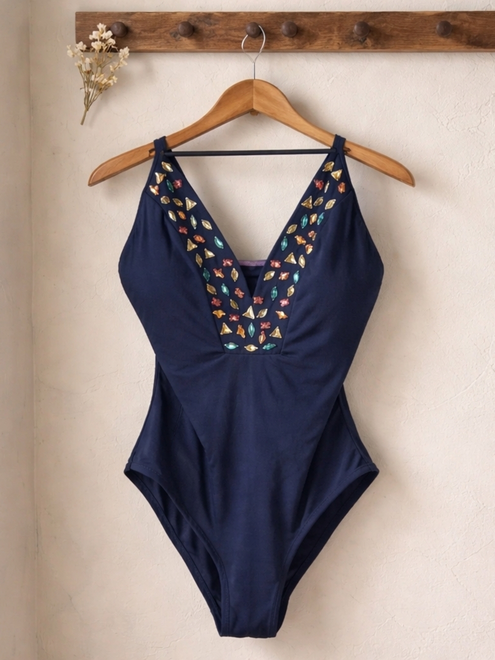 Navy One-Piece Swimsuit with Embellished V-Neck